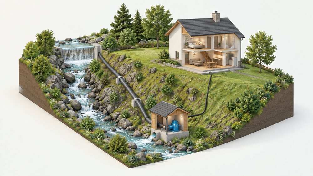 A cutaway rural scene showing a house beside a steep stream: water flows from an intake weir in the stream down a penstock pipe to a small turbine house at the bottom of the slope, with a cable running from the turbine house to the nearby house.