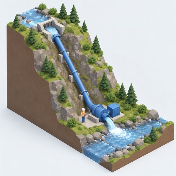 A small isometric figure stands beside a micro hydro turbine at the bottom of a steep stream drop, with a penstock pipe running down the slope from an intake in the stream above and water discharging from the turbine back into the stream below.