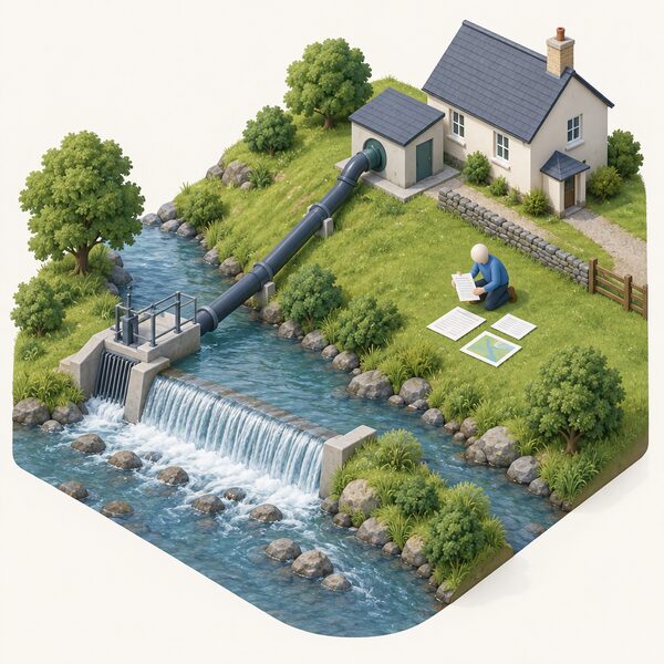 A small domestic micro-hydro scheme at a stream, with a low weir, intake and pipeline running to a turbine housing near the house, while a simplified figure kneels on the bank reviewing planning permission papers and permit documents laid out beside them.