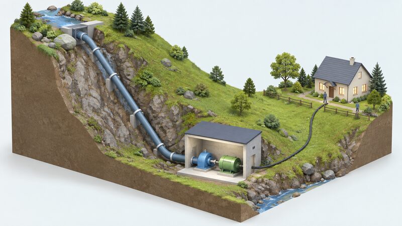 A cutaway landscape diagram of a small domestic micro hydro scheme, showing a high intake on a stream, a steep vertical drop of head, a penstock pipe running down the slope to a small powerhouse containing a turbine connected to a generator, with a cable leaving to supply a house.