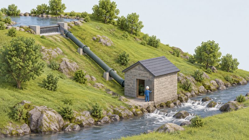 A small stone turbine house beside a stream with a penstock pipe running down the grassy bank from an upstream intake, and a simplified figure standing at the door inspecting the installation.