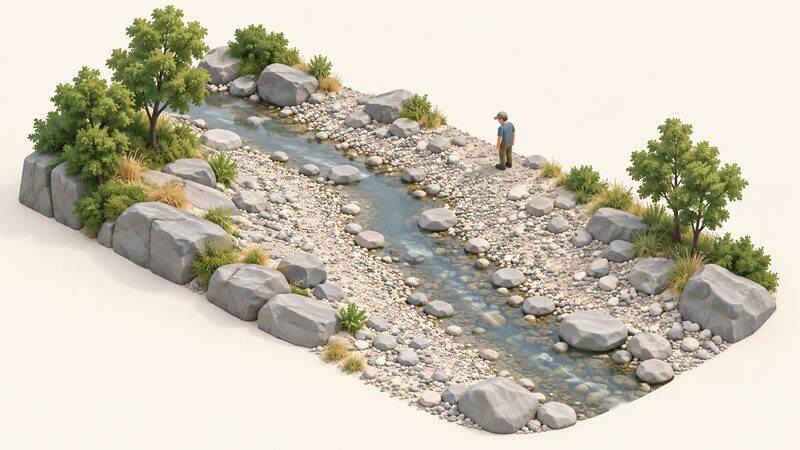 A shallow stream in low summer flow, its channel narrowed to a trickle between wide banks of exposed grey rocks and dry pebbles, with a small simplified isometric figure standing on the bank looking down at the reduced water level.