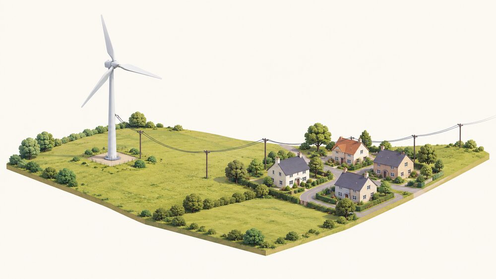 A single community-owned wind turbine standing in an open field beside a small cluster of village houses, with a power line running from the turbine toward the houses and the wider network beyond.