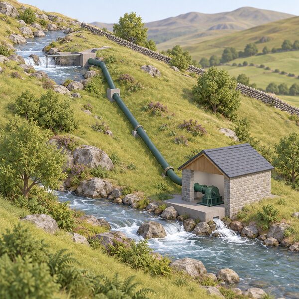 A small hydro turbine house beside a flowing stream, with a penstock pipe running from an intake in the watercourse down to the turbine, drawn as a simple rural Welsh hillside scene with no people.