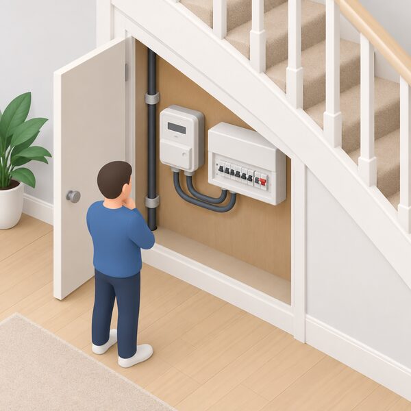 An indoor view of a home's meter cupboard or under-stairs space showing an electricity meter on the incoming supply from the grid and a consumer unit with circuit breakers beside it, connected by the meter tails, with a simplified isometric figure of a householder looking at the installation.