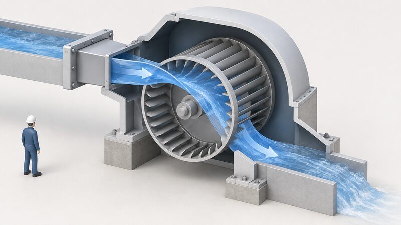 A cutaway technical illustration of a crossflow turbine runner: a drum-shaped rotor with blades around its rim inside a casing, beside a rectangular nozzle directing a water jet that enters the drum, crosses the interior and exits after a second blade pass.