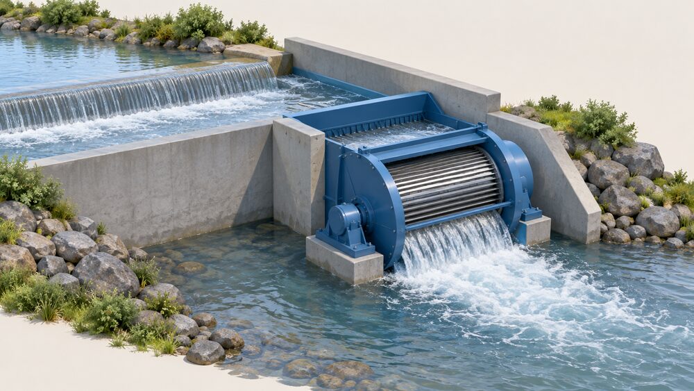 A large crossflow turbine with its cylindrical drum-shaped runner and casing standing beside a shallow weir on a stream, water flowing in through a wide open channel and out below, showing the big machine needed for a low head site.