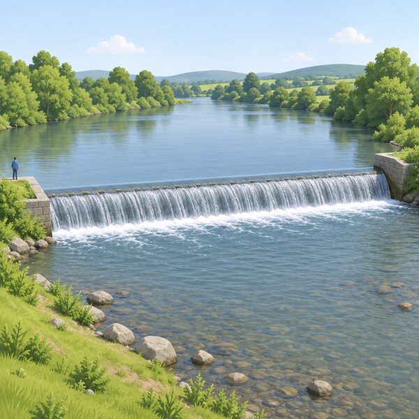 A wide, slow river flowing over a low weir, with water passing steadily across the full width of the crest into a shallow downstream pool, showing the kind of low head, high volume site suited to a crossflow turbine.