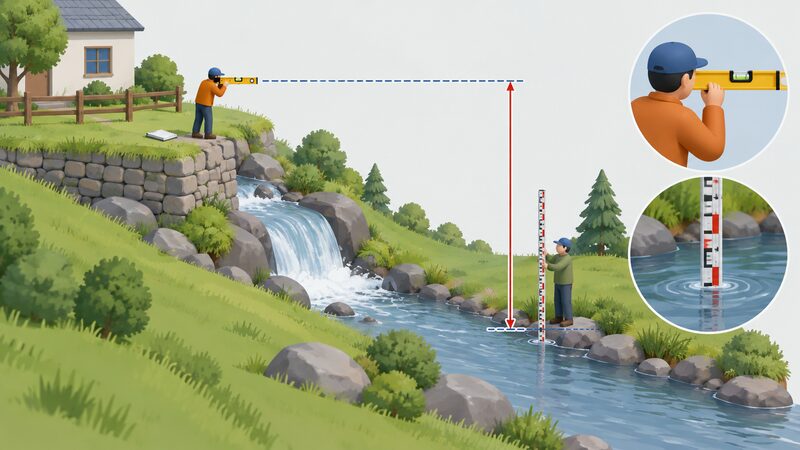A householder on a stream bank uses a vertical measuring staff and a level sighted horizontally from an upper point down to the water below, showing head as a straight vertical height difference between two points on the stream.