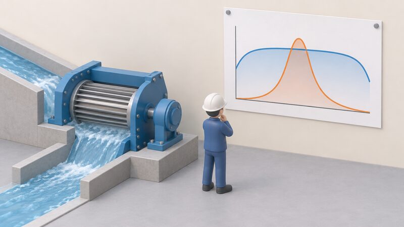A printed performance chart sheet pinned on a wall beside a small crossflow turbine, showing two plain efficiency curves: one flat band for the crossflow and one sharply peaked curve, with no numbers or words.