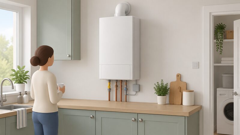 A plain white wall-mounted domestic fuel cell unit, the size and style of a conventional boiler, fixed to the wall of a kitchen or utility room with gas, water and electricity connections running from its base, beside a worktop.