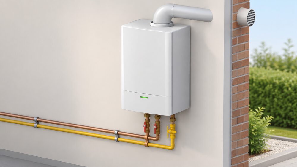 A close-up of a domestic fuel cell unit the size and shape of a gas boiler, wall-mounted on an indoor wall, with its heating and gas pipework connected below and its flue passing through the external wall to the open air.