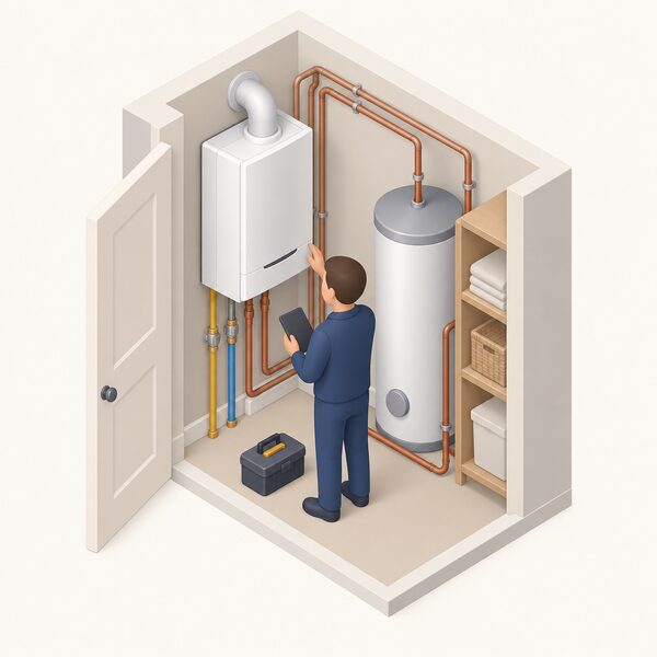 A wall-hung domestic fuel cell unit, sized like a boiler, installed indoors in a home airing cupboard or utility space, connected to heating pipework and a hot water cylinder, with a small isometric figure inspecting it.