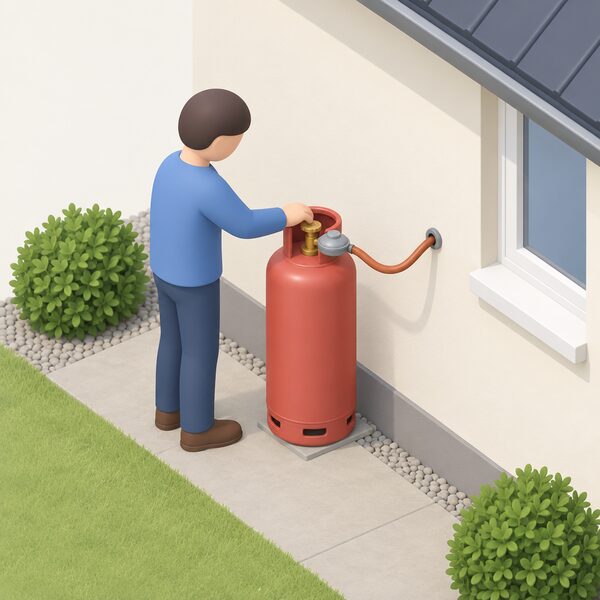 A single domestic LPG bottle standing outdoors against a house wall, shown as a plain cylinder with a valve on top and a small regulator connected by a short pipe running toward the building, with a simplified isometric figure checking the valve.