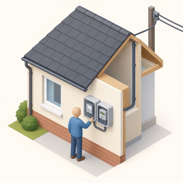 An outside wall of a house with a domestic electricity meter and a separate export meter mounted side by side in their protective enclosures, with a simplified isometric figure standing at the wall reading the export meter, and a cable from the meters running into the house wall and up to an overhead supply line.