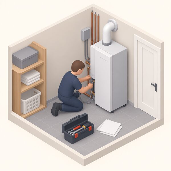 A small isometric figure of an installer in plain work clothing kneeling beside a micro CHP unit being fitted in a home utility space, connecting its pipes and wiring, with a toolbox and paperwork on the floor nearby.