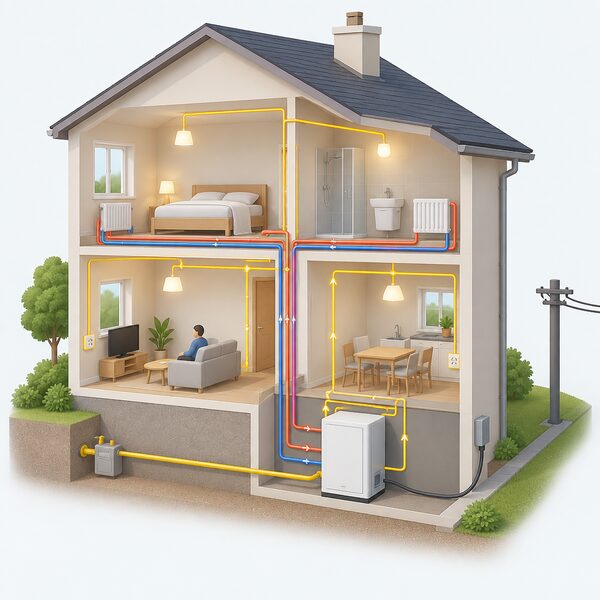 A cutaway view of a house with a micro CHP fuel cell unit inside, connected to the mains gas supply and to the radiators, generating electricity on site that powers the home's lights and sockets, with a grid cable shown outside as the alternative source.