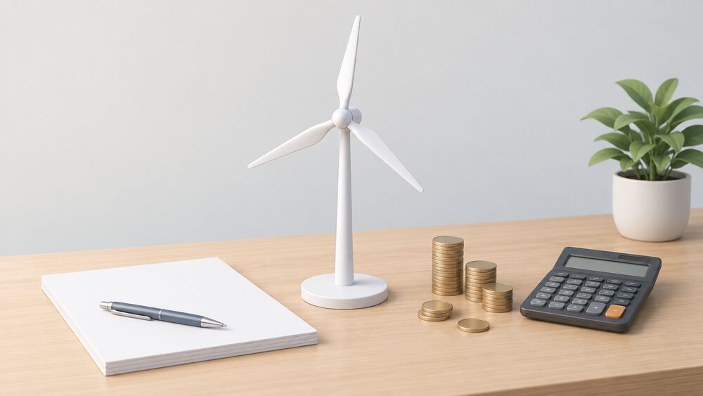 A small model of a white three-bladed wind turbine on a slim mast stands on a table beside blank paperwork, a pen, a stack of coins and a small calculator, suggesting the moment of weighing up the cost of a domestic wind turbine.