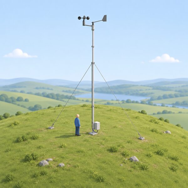 A small isometric figure stands beside a slim guyed monitoring mast erected on an open grassy hilltop, with a cup anemometer and wind vane at the top and a small data-logger box at the mast base, sited clear of trees and buildings at the spot where a turbine is planned.