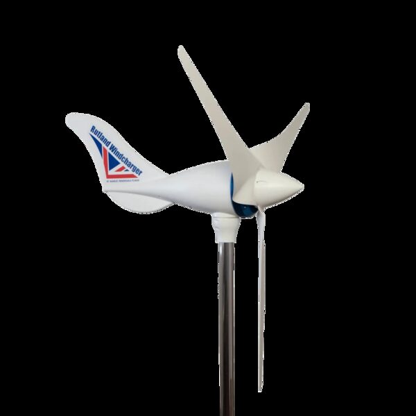 A Rutland Windcharger small wind turbine on a mounting pole against a white background