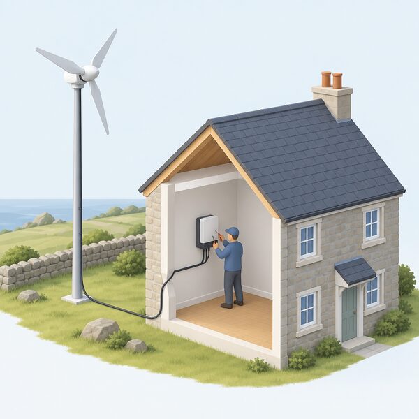 A small grid-connected domestic wind turbine on a pole beside an exposed rural house, with a cable running down to an inverter mounted on an inside wall, a simplified figure servicing the inverter with a tool.