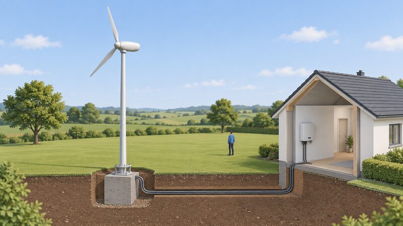 A cutaway diagram of a pole-mounted domestic wind turbine in a garden, showing the rotor and nacelle atop a tall mast on a concrete foundation, with cabling running underground from the mast base into a nearby house where an inverter is mounted on an inside wall.