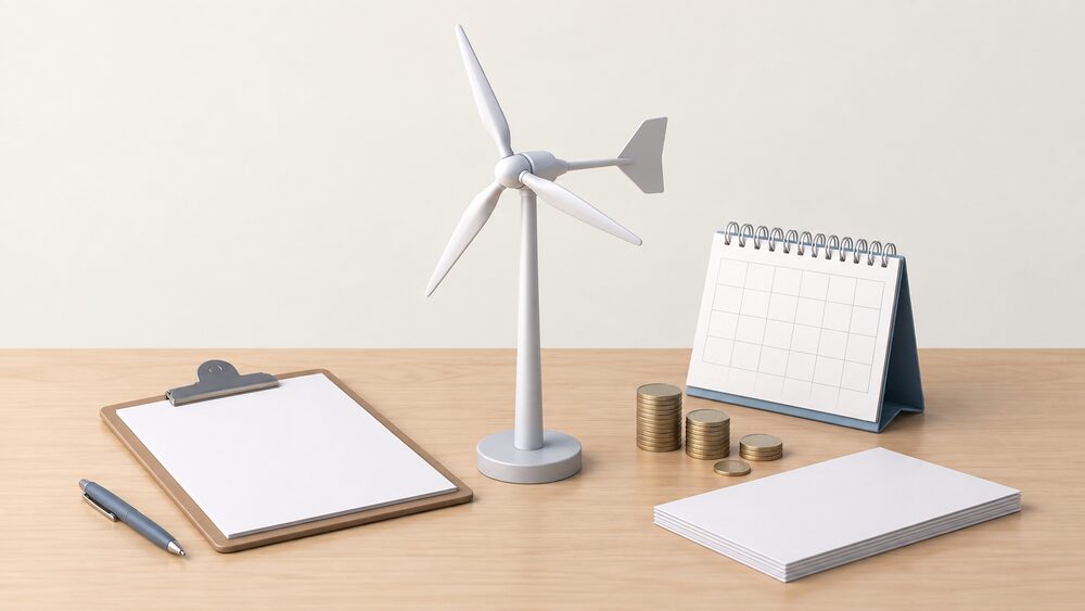 A small model of a pole-mounted domestic wind turbine on a mast stands on a table beside blank paperwork, a clipboard, a desk calendar and a small stack of coins, suggesting the yearly budgeting for a service visit.