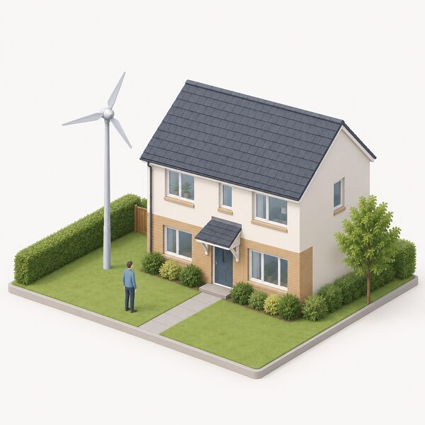 A small pole-mounted domestic wind turbine with three blades on a slim freestanding tower beside a simple two-storey house, sized to look like a typical 2.5 to six kilowatt home system rather than a large machine.