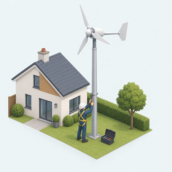 A small domestic wind turbine mounted on a slim tower beside a house, with a simplified installer figure in a safety harness and hard hat at the tower's base carrying out checks and servicing on the turbine using hand tools.
