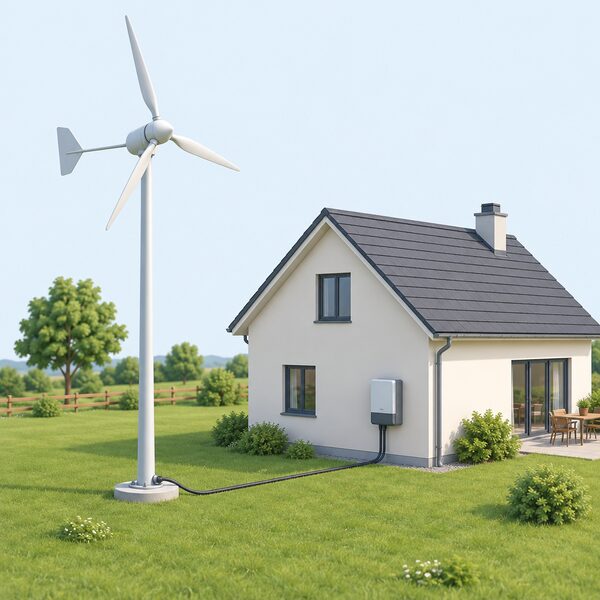 A 6kW pole-mounted wind turbine on a slender tower standing in open grassy ground beside a small house, with a cable run from the turbine base to the house wall where an inverter connects the system to the household's electricity supply.