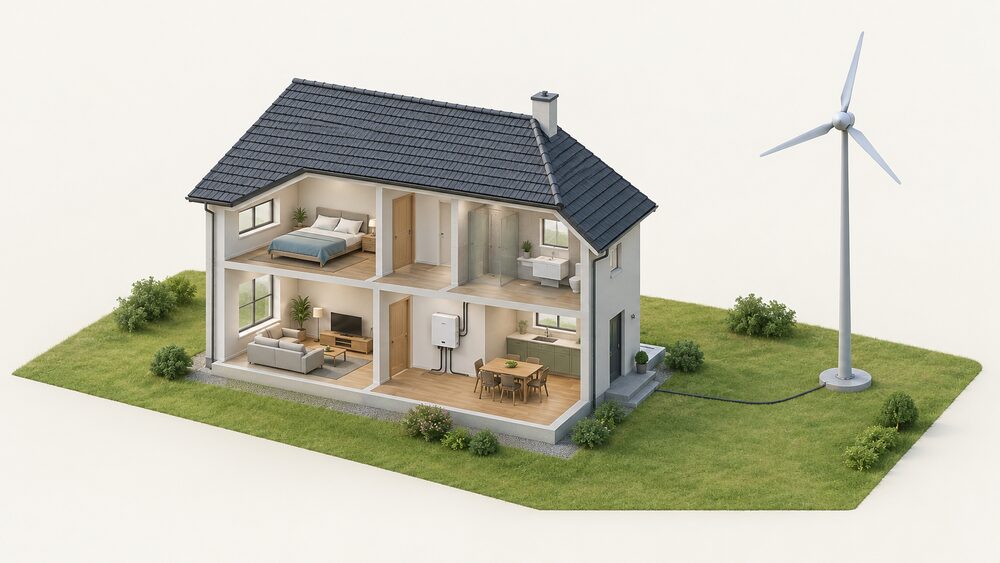 A cutaway of a small house in an open, exposed landscape with a freestanding pole-mounted wind turbine on its own pole in clear open ground nearby, and an inverter on an inside wall connected to the house's main wiring.