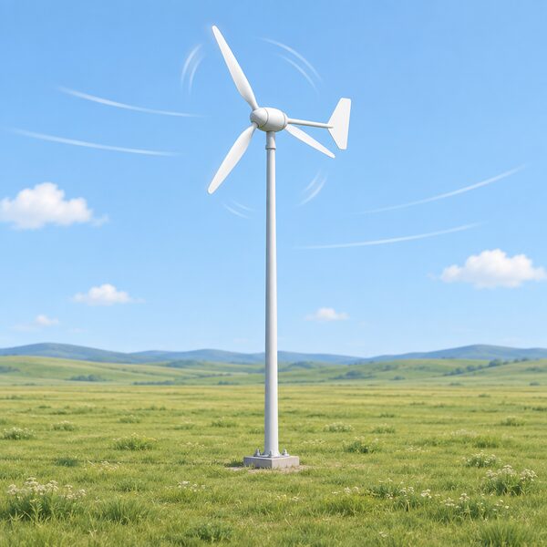 A freestanding pole-mounted domestic wind turbine on its own tall pole, standing alone in a large open countryside area with no buildings or trees nearby, its blades turning in wind suggested by simple motion lines across the open sky.