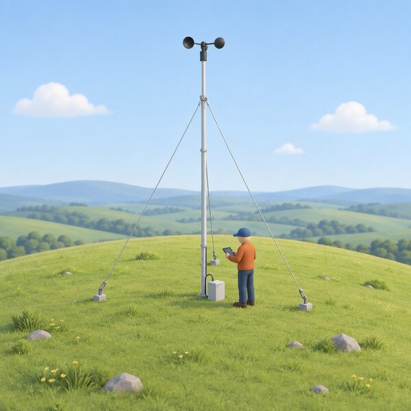 A small anemometer with spinning cups mounted on a slim guyed mast in an open garden on a smooth hilltop, clear of trees and buildings, with a data logger box at its base, while a simplified figure checks the reading before any turbine is bought.