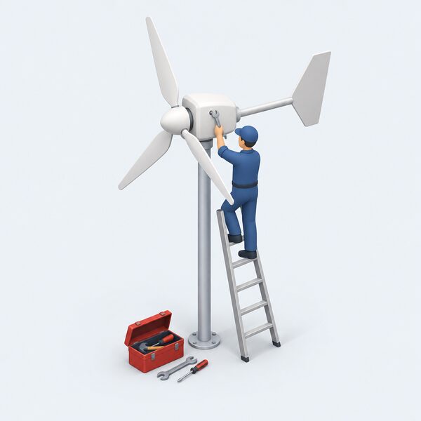 A technician in plain work clothing stands on a ladder against the mast of a small domestic wind turbine, servicing the nacelle with a spanner and an open toolbox at the base.