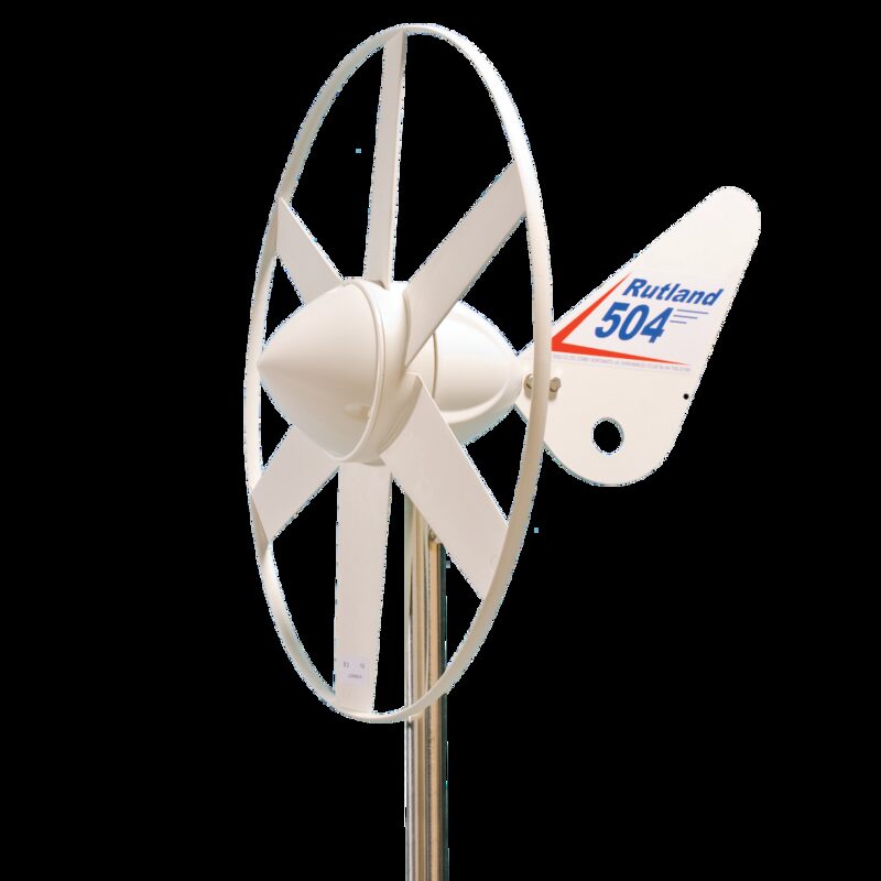 A Rutland 914i small wind turbine windcharger with six white blades and branded tail fin, shown on a mounting pole against a white background