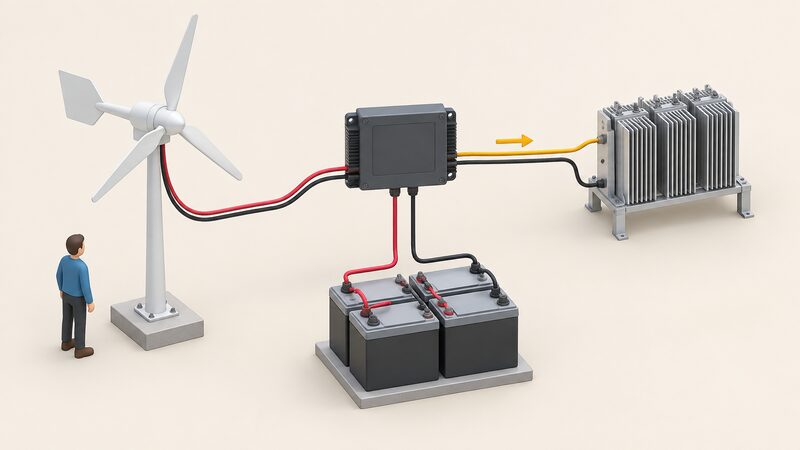 A simplified isometric off-grid system showing a small wind turbine and battery bank connected through a charge controller to a finned dump load resistor bank, with a plain line indicating diverted current flowing to the dump load once the battery is full.