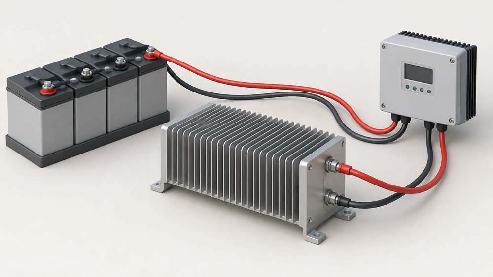 A close-up of a finned resistive dump load bank wired to a diversion controller box and a battery bank, the three connected by thick cables on a plain surface, with the resistor bank as the central object.