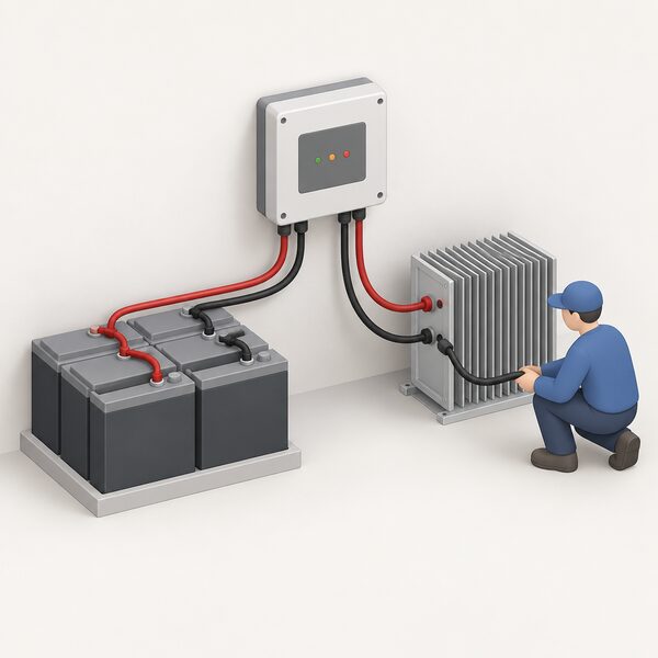 A wall-mounted diversion controller box wired with thick cables to a battery bank on one side and to a finned dump load resistor unit on the other, with a simplified isometric figure connecting the dump load cable, showing surplus power being bled off when the batteries are full.