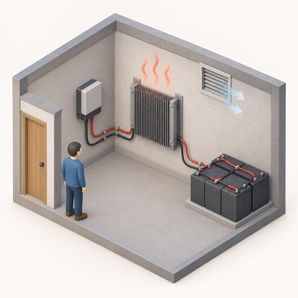 An isometric cutaway of an indoor utility space showing a finned resistor bank dump load mounted on a non-combustible wall with clear space around it, wired by cables running from a diversion controller on one side and onward to a battery bank, with heat rising from the resistors and a ventilation opening nearby.