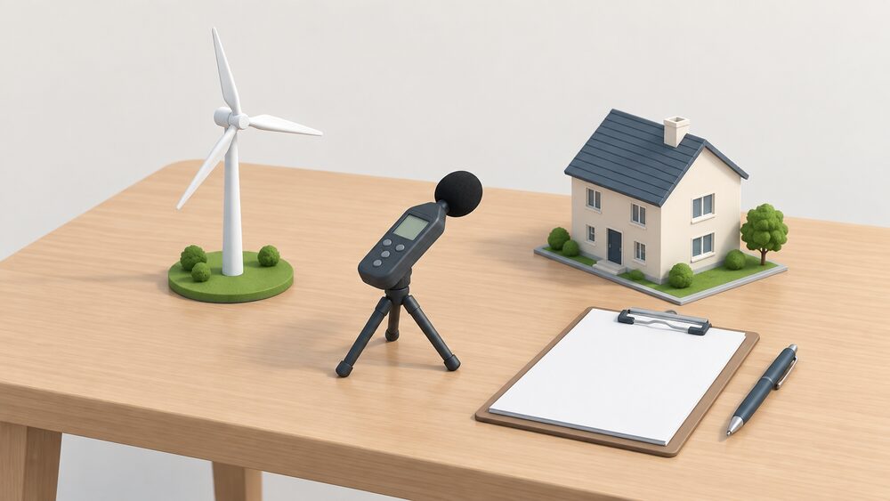 A small model wind turbine and a small model house stand on a table beside a sound level meter on a short tripod and a clipboard with blank papers, arranged as a noise assessment being set up.