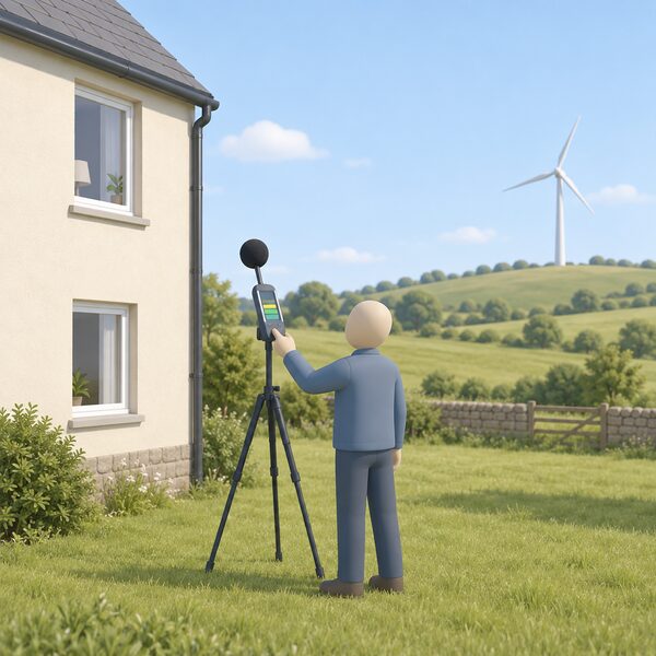 A sound level meter on a tripod stands on grass outside a small rural dwelling, its microphone at about the height of the nearest habitable room, with a wind turbine on a distant hill and a simplified figure standing beside the meter taking a reading.