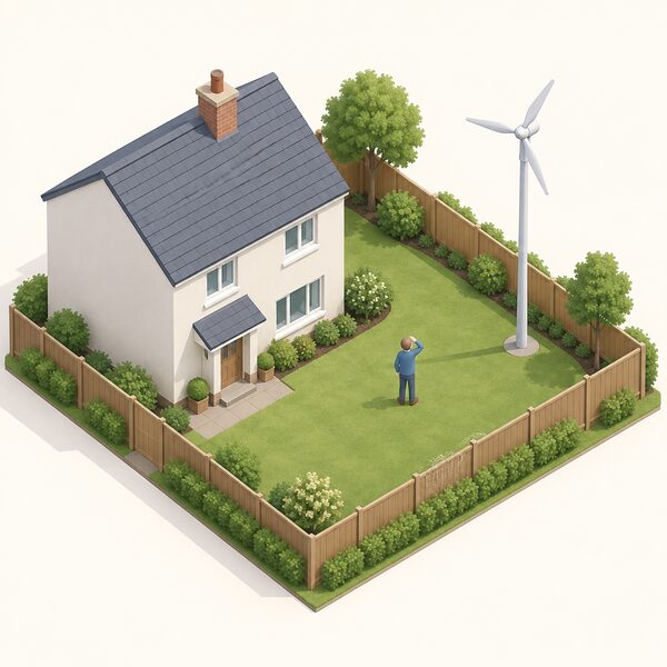 A small domestic wind turbine mounted on a pole in the garden of a detached house, standing clear of the house and set back inside the garden boundary fence, with a simplified isometric householder figure looking up at it from the lawn.