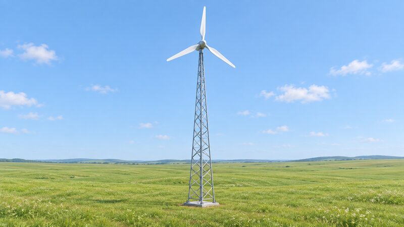 A small three-bladed wind turbine mounted at the top of a slender lattice tower, standing alone in an open grassy field under a clear sky with no buildings or other structures nearby, conveying a rural site with open wind exposure.