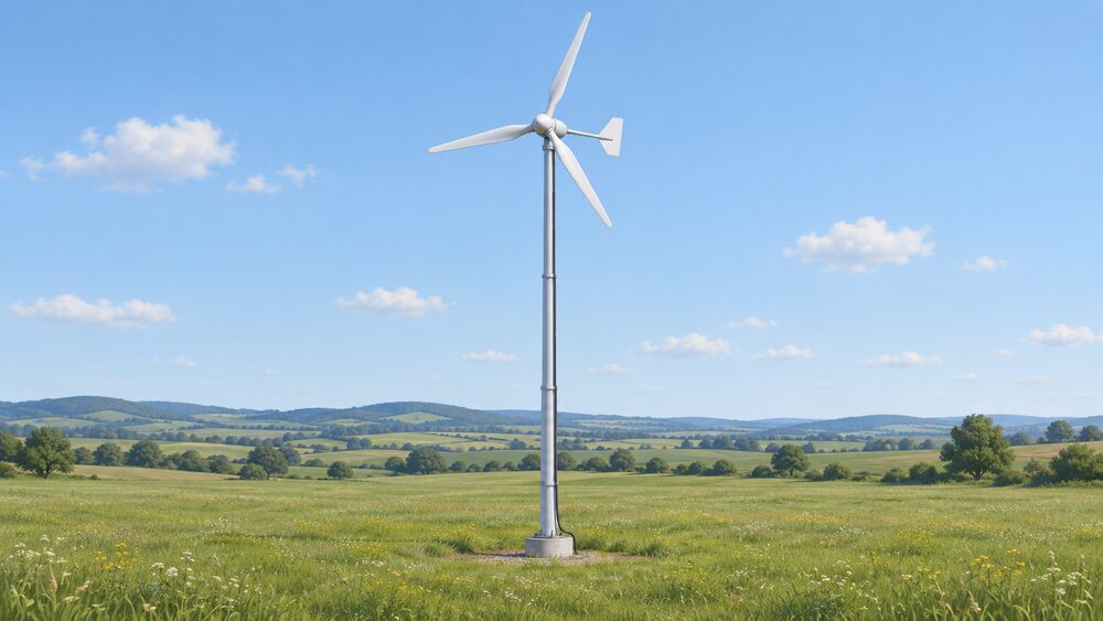 A small 5 kW pole-mounted wind turbine with three blades stands atop its tall tubular tower in an open, exposed rural field with no nearby obstructions, its cable run descending the mast toward the ground.