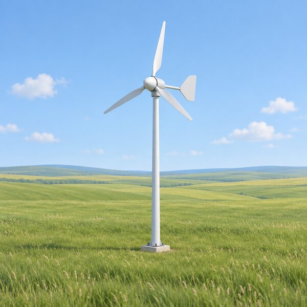 A small domestic wind turbine on a slim tower standing alone in open rolling countryside, with long clear grass and fields around it and no trees, buildings or other obstructions anywhere near it.