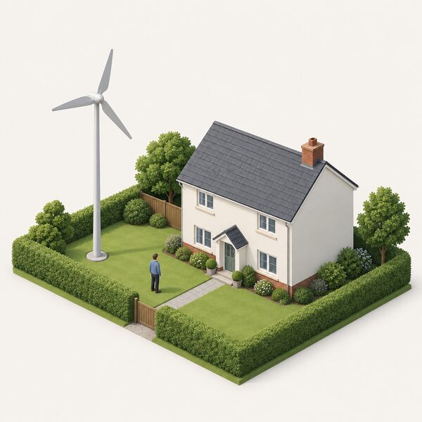 A small stand-alone domestic wind turbine on a mast standing in the grassy grounds beside a detached house, with no installation work underway, shown as it would look while awaiting a planning decision.