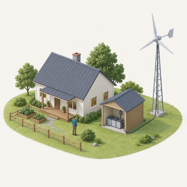 A small off-grid rural property with a small wind turbine on a tower beside it, a cable running down to a battery bank inside an outbuilding, with no grid connection shown.