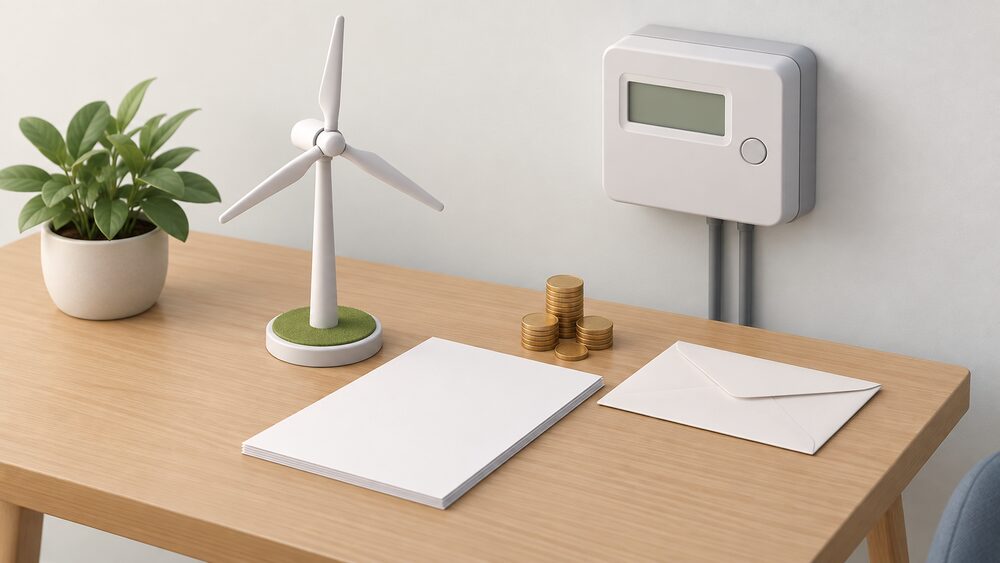 A small model of a domestic wind turbine stands on a table beside blank application paperwork, a plain envelope, a small stack of coins and a wall-mounted smart meter with a blank display, arranged as the moment a household registers to be paid for exported electricity.