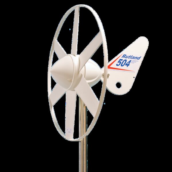 A white Rutland 504 micro wind turbine with six blades and tail fin mounted on a metal pole