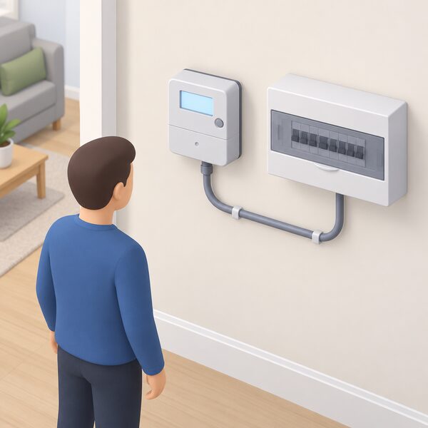 A smart electricity meter mounted on an inside wall of a home, shown as a neat wall-mounted unit with a small display, connected by a cable running to the household consumer unit, recording exported electricity at half-hourly intervals.